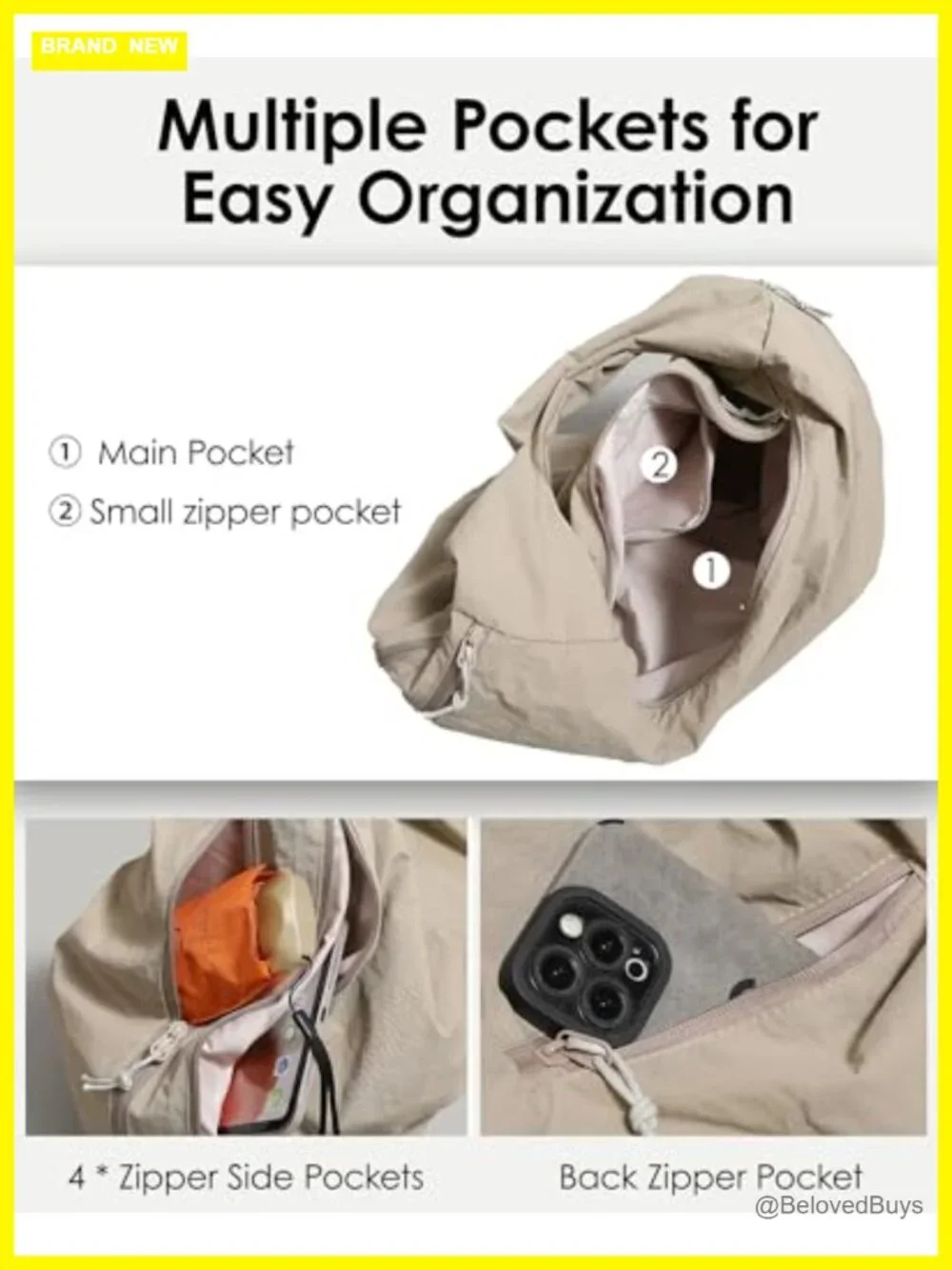 Nylon Slouchy Hobo Tote Bag with Zippered Pockets, Large Underarm Shoulder Purse